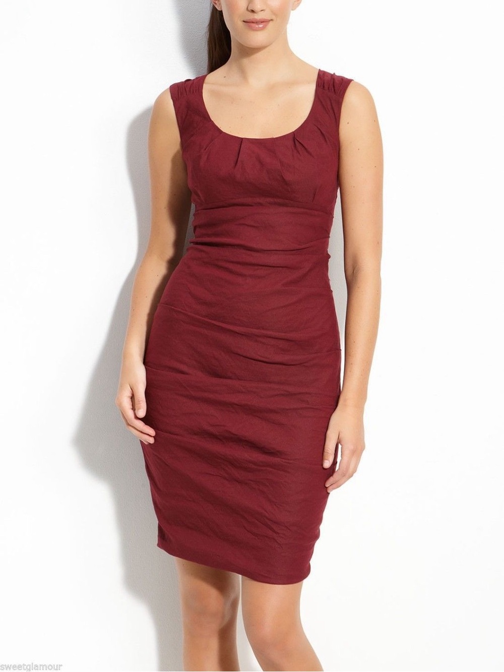 Eileen Fisher Scoop Neck Empire Waist Shirred Dress Cranberry Burgundy 4 Ruched